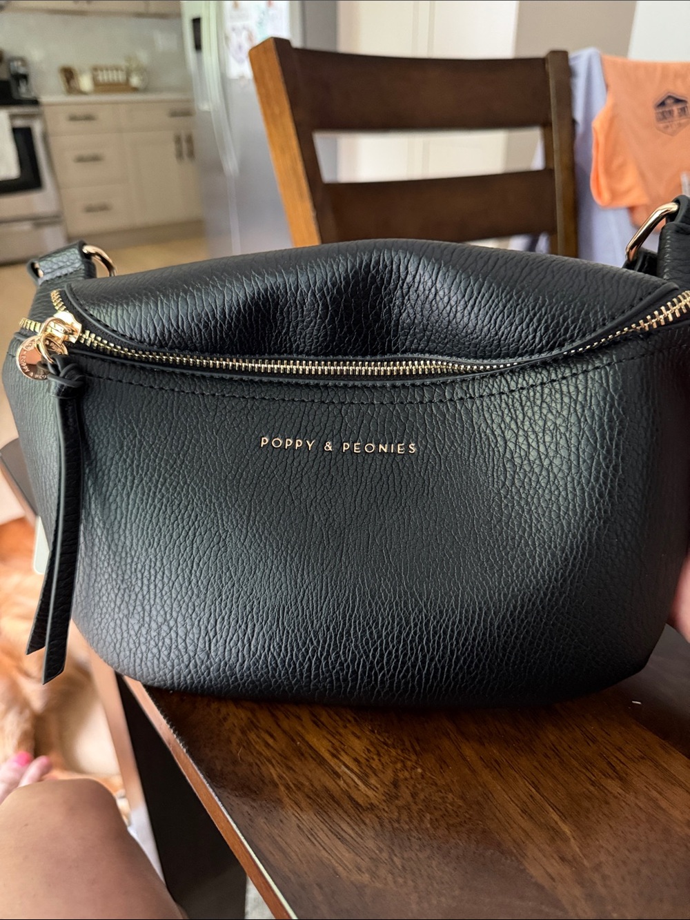 Poppy & Peonies Black Pebbled Leather Crossbody with Gold Hardware